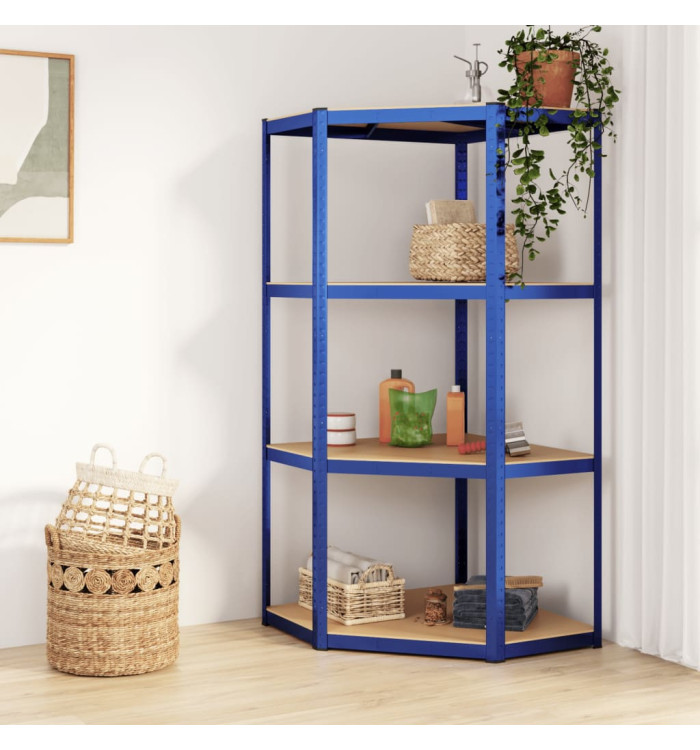 Étagère d'angle à 4 niveaux Bleu Acier et bois d'ingénierie | Mobilier & Déco