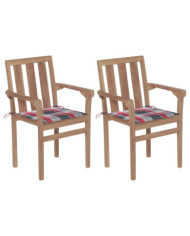 Chaises de jardin lot de 2 avec coussins à carreaux rouge Teck | Mobilier & Déco