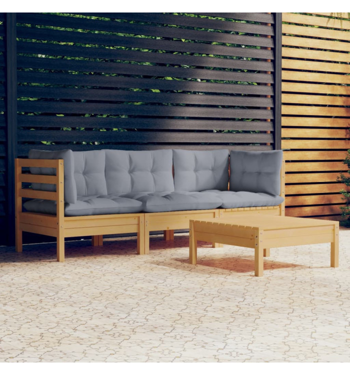 Salon de jardin 4 pcs avec coussins gris Bois de pin | Mobilier & Déco