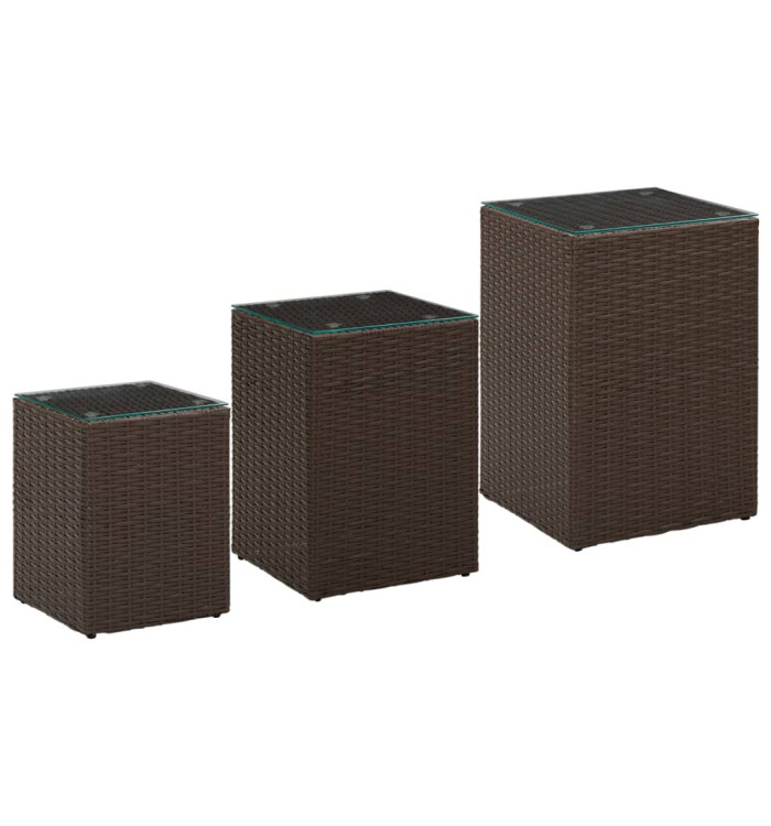 Tables d'appoint 3 pcs et dessus en verre Marron Résine tressée | Mobilier & Déco