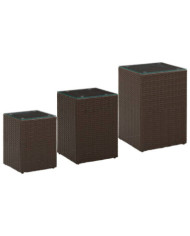 Tables d'appoint 3 pcs et dessus en verre Marron Résine tressée | Mobilier & Déco