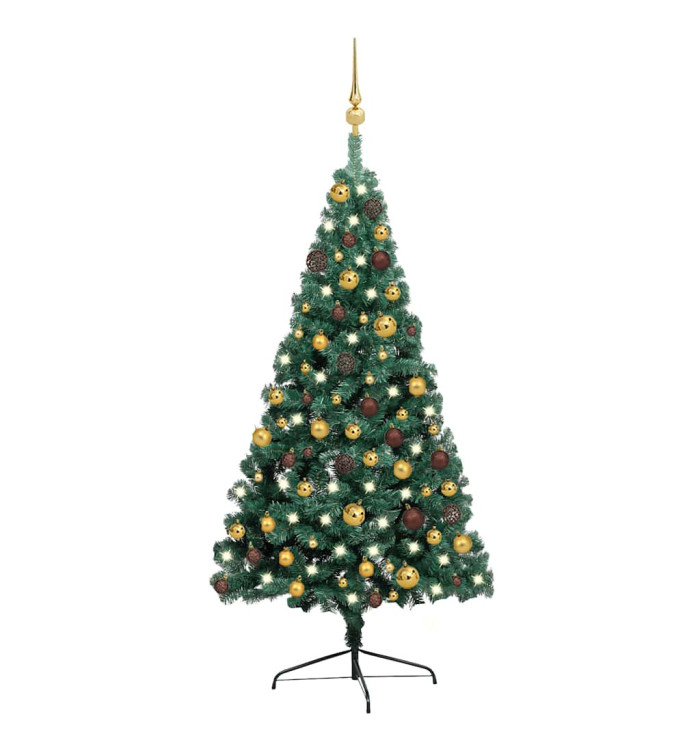 Demi-arbre de Noël artificiel pré-éclairé et boules vert 120 cm | Mobilier & Déco