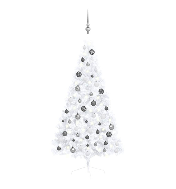 Demi-arbre de Noël artificiel pré-éclairé et boules blanc 150cm | Mobilier & Déco