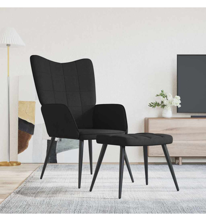 Chaise de relaxation avec tabouret Noir Tissu | Mobilier & Déco