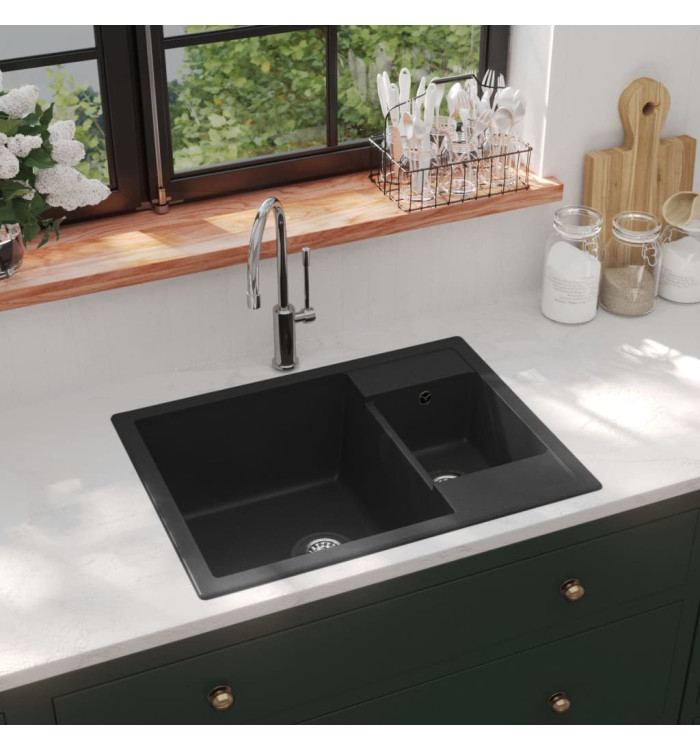 Évier de cuisine et deux lavabos trou de trop-plein Noir Granit | Mobilier & Déco