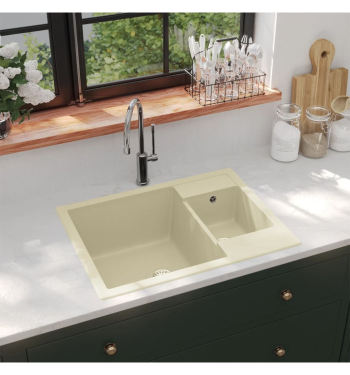 Évier de cuisine deux lavabos trou de trop-plein Beige Granit | Mobilier & Déco