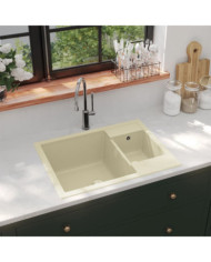Évier de cuisine deux lavabos trou de trop-plein Beige Granit | Mobilier & Déco