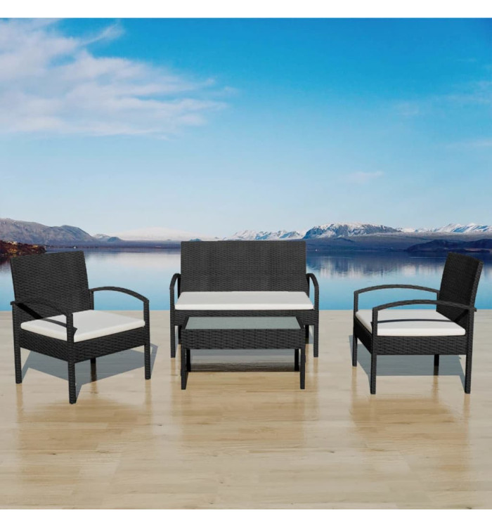 Salon de jardin 4 pcs avec coussins Résine tressée Noir | Mobilier & Déco
