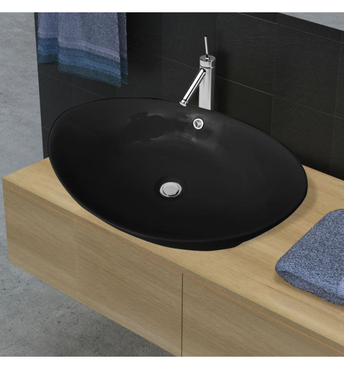 Lavabo ovale en céramique noir avec trop plein 59 x 38,5 cm | Mobilier & Déco