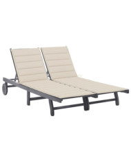 Chaise longue de jardin 2 places avec coussin Gris Acacia | Mobilier & Déco