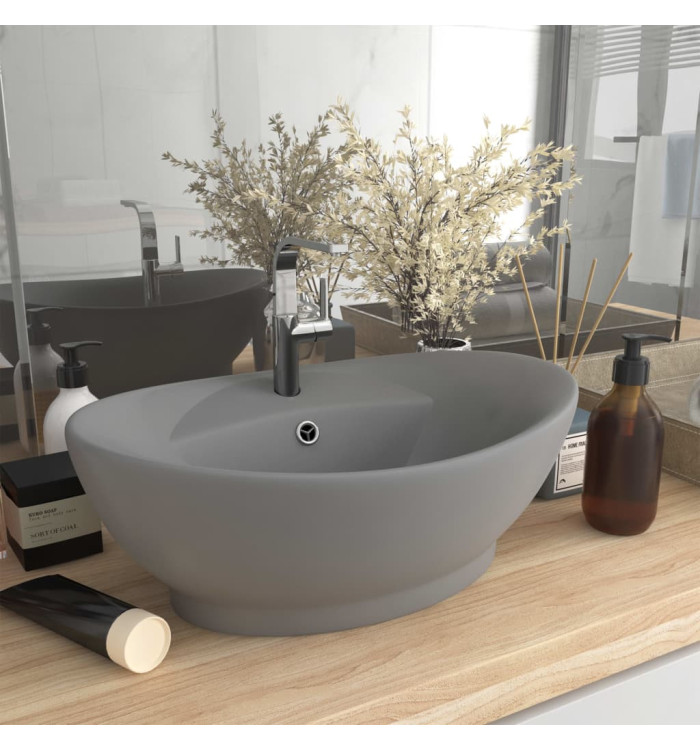 Lavabo ovale à trop-plein Gris clair mat 58,5x39 cm Céramique | Mobilier & Déco