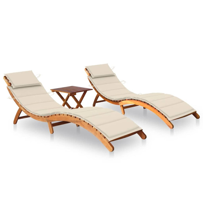 Chaises longues lot de 2 avec table et coussins Acacia solide | Mobilier & Déco