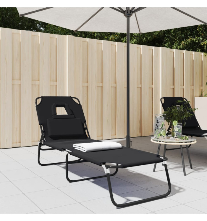Chaise longue pliante noir tissu oxford acier enduit de poudre | Mobilier & Déco