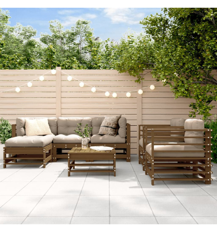 Salon de jardin 7 pcs avec coussins marron miel bois massif | Mobilier & Déco