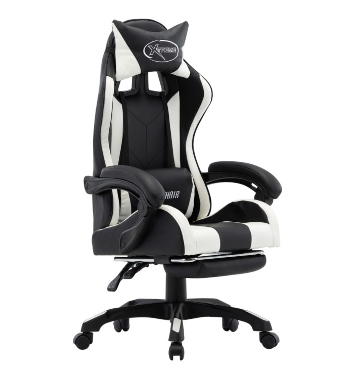 Fauteuil de jeux vidéo et repose-pied Blanc et noir Similicuir | Mobilier & Déco