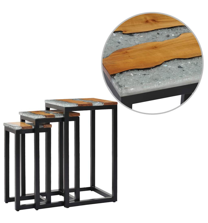 Tables gigognes 3 pcs Bois de teck massif et polyrésine | Mobilier & Déco