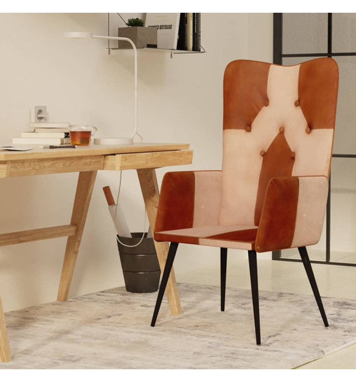 Chaise à oreilles Marron et crème Cuir véritable | Mobilier & Déco