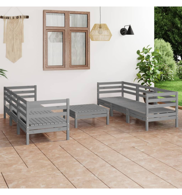 Salon de jardin 7 pcs Gris Bois de pin massif | Mobilier & Déco