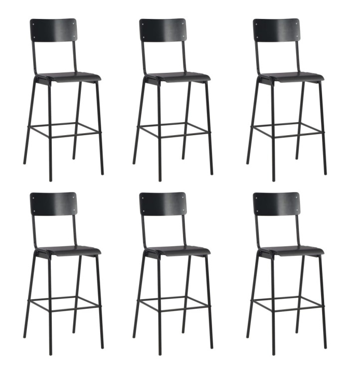 Chaises de bar lot de 6 noir contreplaqué solide et acier | Mobilier & Déco