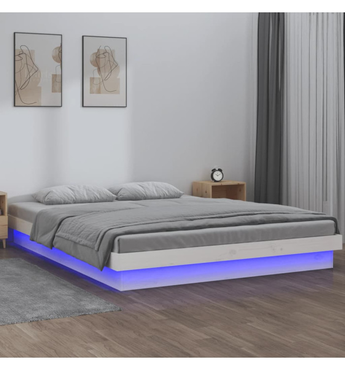 Cadre de lit à LED sans matelas blanc 200x200 cm bois massif | Mobilier & Déco