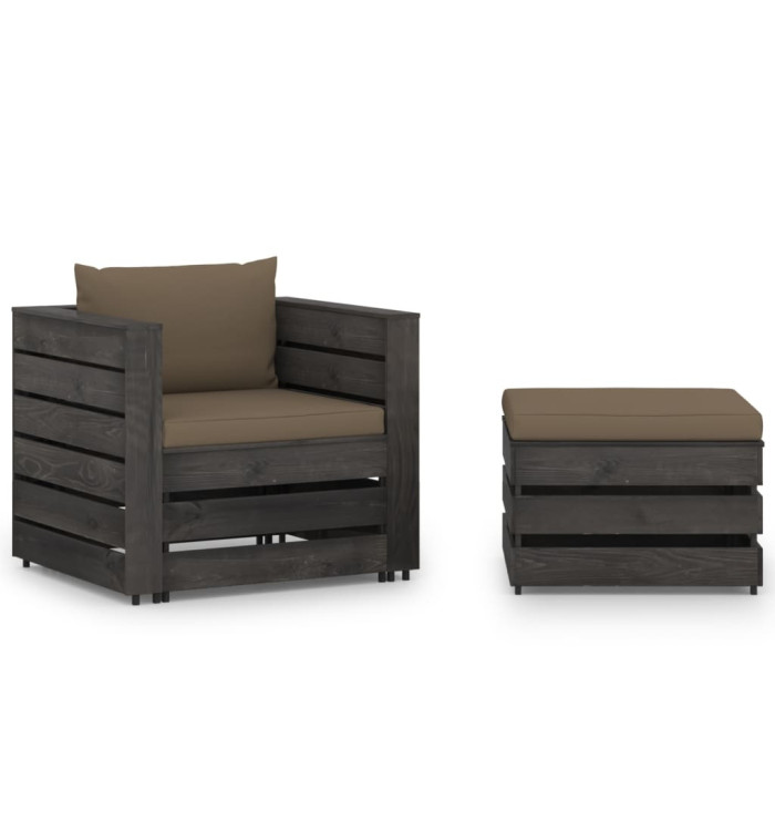 Salon de jardin 2 pcs avec coussins Bois imprégné de gris | Mobilier & Déco