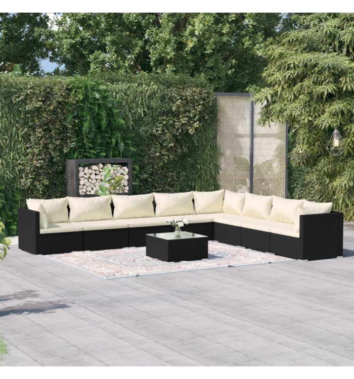 Salon de jardin 9 pcs avec coussins Résine tressée Noir | Mobilier & Déco
