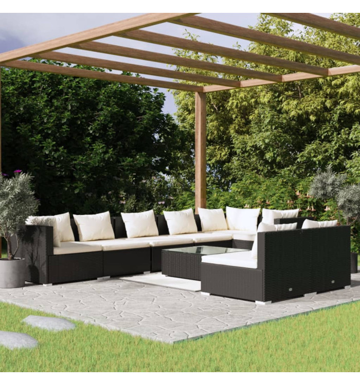 Salon de jardin 9 pcs avec coussins Noir Résine tressée | Mobilier & Déco