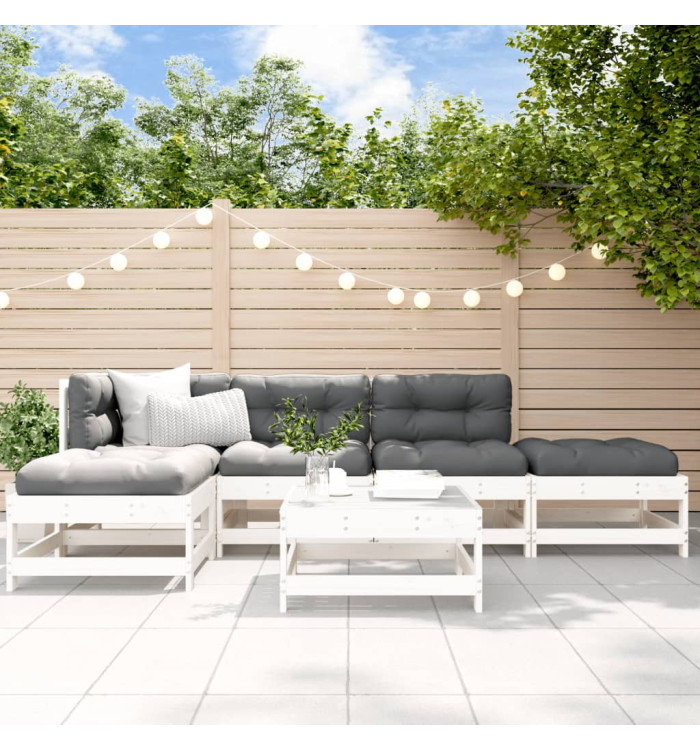 Salon de jardin 6 pcs avec coussins blanc bois massif | Mobilier & Déco