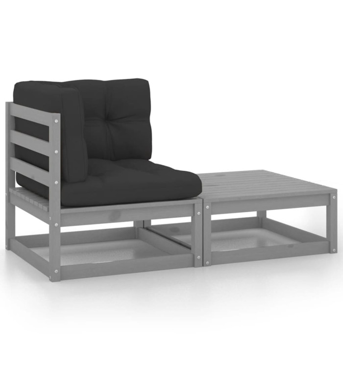 Salon de jardin 2 pcs avec coussins Gris Bois de pin massif | Mobilier & Déco