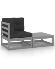 Salon de jardin 2 pcs avec coussins Gris Bois de pin massif | Mobilier & Déco