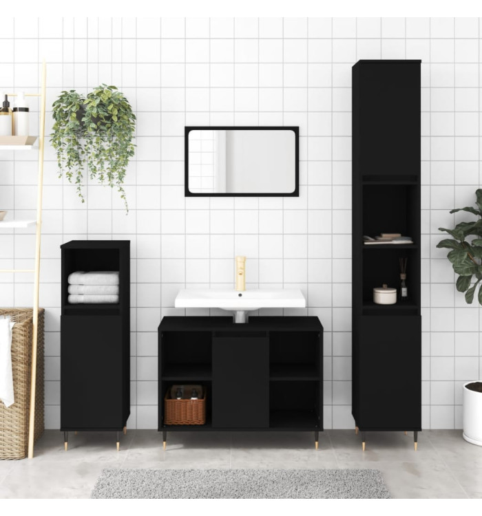 Armoire de salle de bain noir 30x30x100 cm bois d'ingénierie | Mobilier & Déco