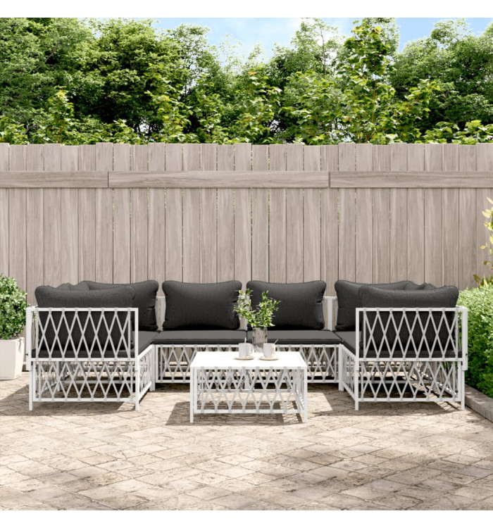 Salon de jardin 7 pcs avec coussins blanc acier | Mobilier & Déco