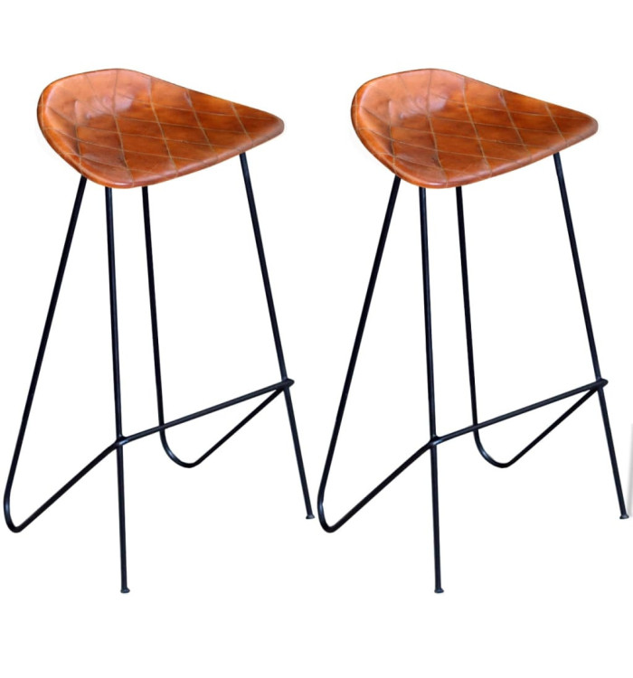 Chaises de bar lot de 2 noir et marron cuir véritable | Mobilier & Déco