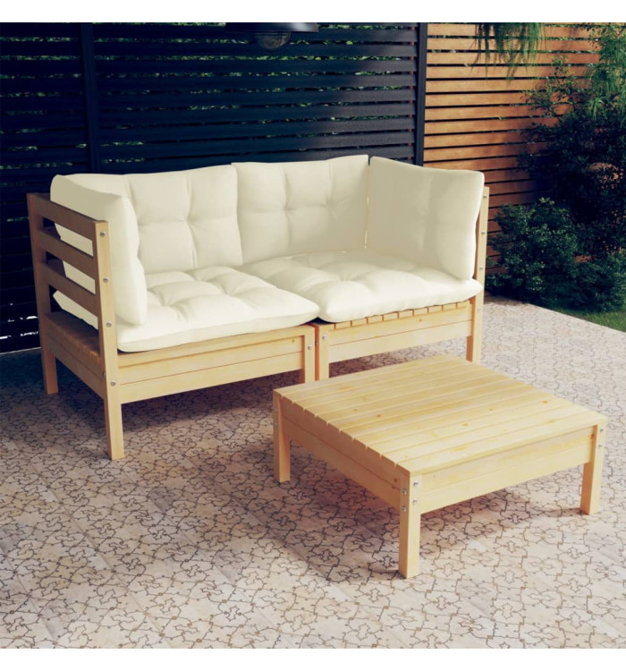 Salon de jardin 3 pcs avec coussins crème bois de pin | Mobilier & Déco