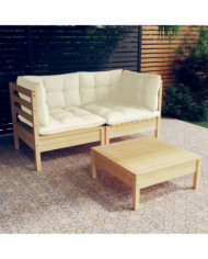 Salon de jardin 3 pcs avec coussins crème bois de pin | Mobilier & Déco