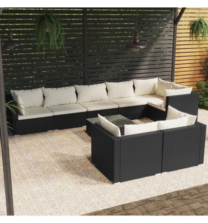Salon de jardin 9 pcs avec coussins Noir Résine tressée | Mobilier & Déco