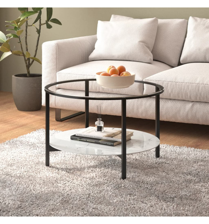 Table à thé Noir et marbre blanc 70 cm Verre trempé | Mobilier & Déco