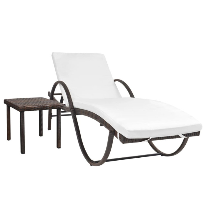 Chaise longue avec coussin et table Résine tressée Marron | Mobilier & Déco