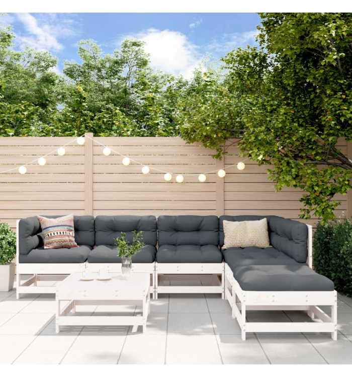 Salon de jardin 7 pcs avec coussins blanc bois massif | Mobilier & Déco