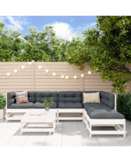 Salon de jardin 7 pcs avec coussins blanc bois massif | Mobilier & Déco