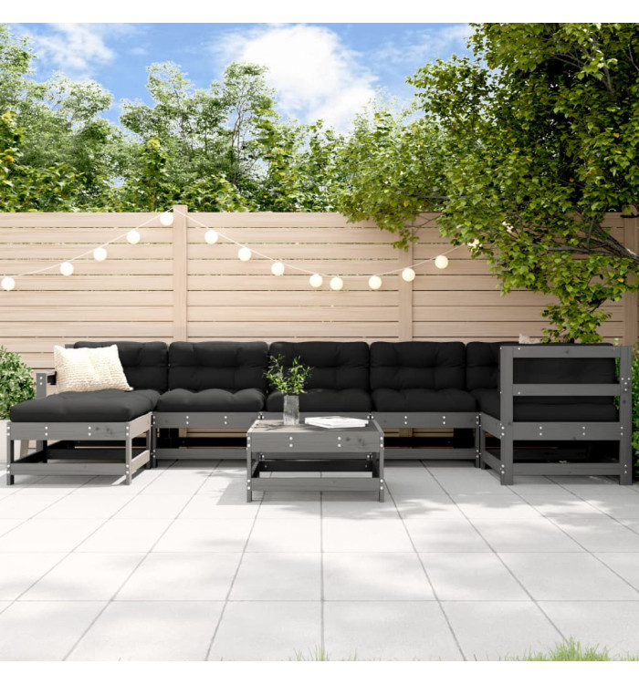 Salon de jardin 8 pcs avec coussins gris bois massif | Mobilier & Déco