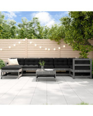 Salon de jardin 8 pcs avec coussins gris bois massif | Mobilier & Déco