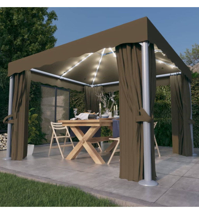 Tonnelle avec rideau et guirlande lumineuse à LED 3x3 m Taupe | Mobilier & Déco