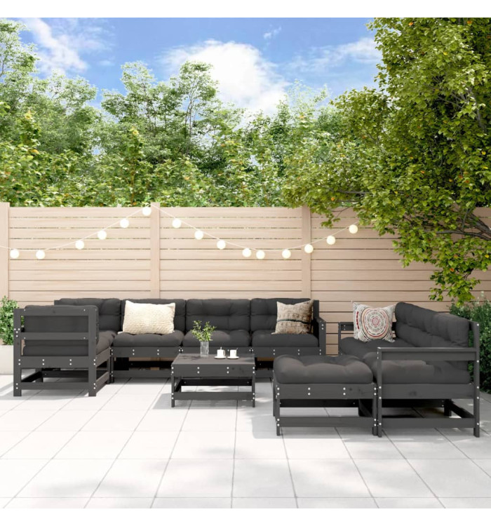 Salon de jardin 10 pcs avec coussins gris bois massif | Mobilier & Déco