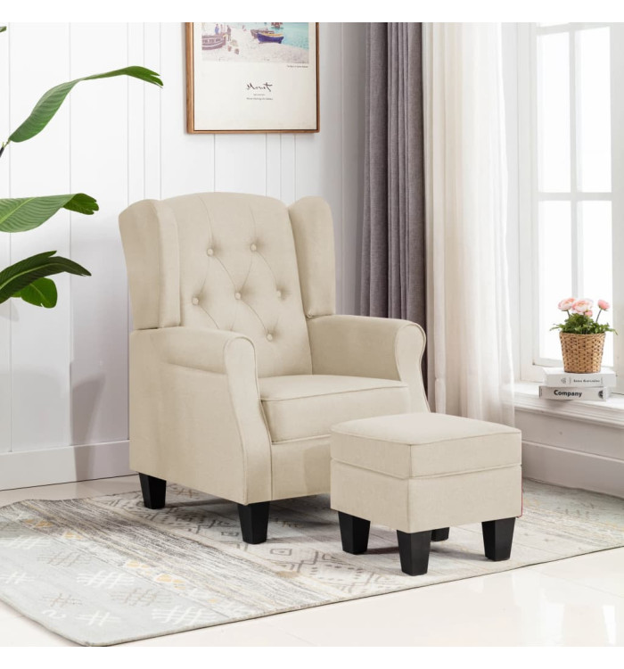 Fauteuil avec repose-pied Crème Tissu | Mobilier & Déco