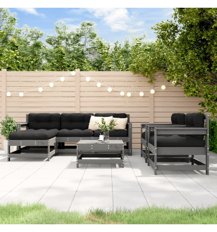 Salon de jardin 7 pcs avec coussins gris bois massif | Mobilier & Déco