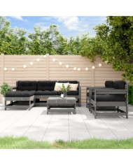 Salon de jardin 7 pcs avec coussins gris bois massif | Mobilier & Déco