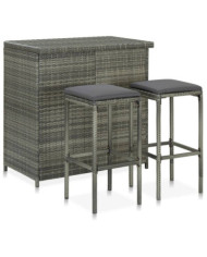 Ensemble de bar 3 pcs Résine tressée Gris | Mobilier & Déco
