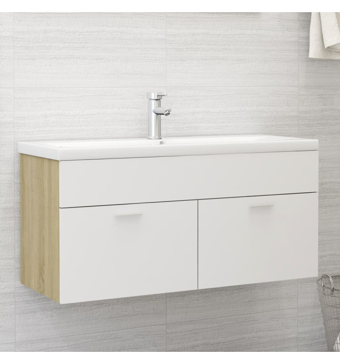 Armoire d'évier Blanc et chêne sonoma Bois d’ingénierie | Mobilier & Déco