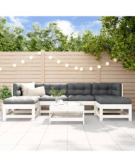 Salon de jardin 7 pcs avec coussins blanc bois massif | Mobilier & Déco